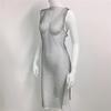 Crystal Diamond Beach Dress Women Sexy V Neck Hollow Out Rhinestone Sleeveless Bodycon Dress 2021 Mesh Party Dresses #0729
