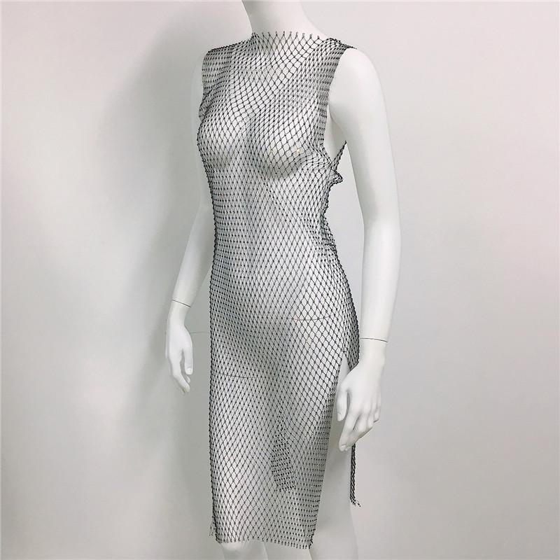Crystal Diamond Beach Dress Women Sexy V Neck Hollow Out Rhinestone Sleeveless Bodycon Dress 2021 Mesh Party Dresses #0729