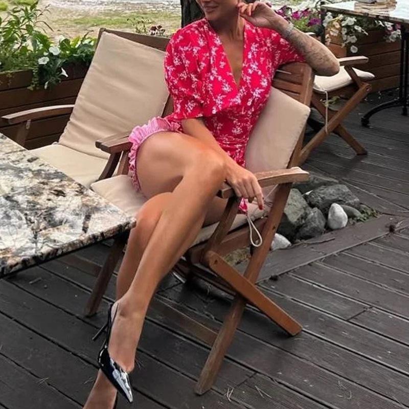 Floral Print Women's Casual Dress V-neck Puff Sleeve Waistband Ruffle Hem Female Mini Dresses Summer Party Vacation Gown