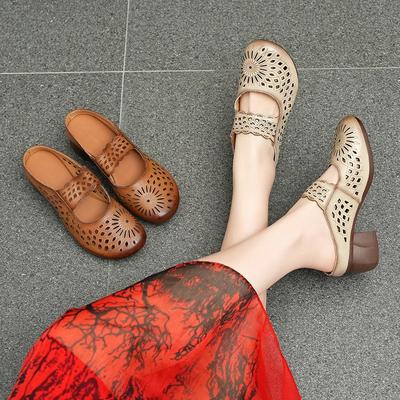Ethnic Style Round Toed Slippers Genuine Leather Hollow-out Breathable Women's Kitten Heels Sandals