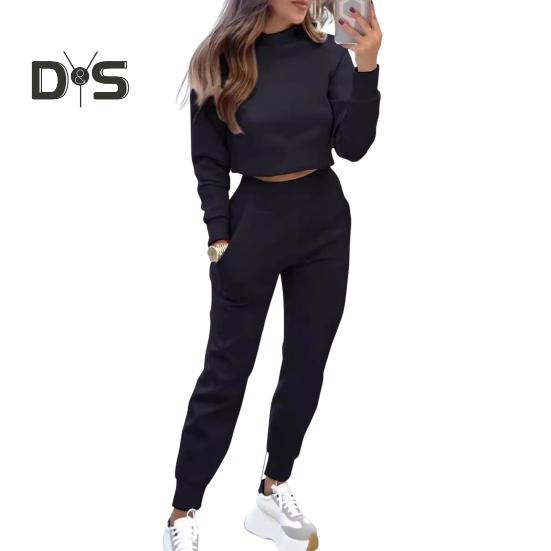 

2 шт./комплект женский топ брюки комплект высокий воротник длинные рукава Slim Fit Толстовка эластичные спортивные штаны с высокой талией спортивный костюм осенний повседневный спортивный костюм M чёрный