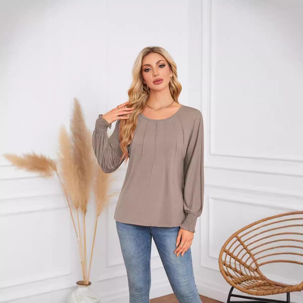 2026 New Women's Pleated Long Sleeve T-Shirt, Round Neck Casual Solid Color Blouse for Autumn Winter