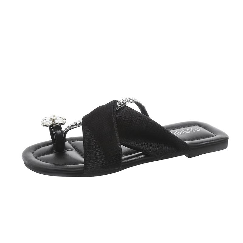 Fashion Summer Flat Slippers Women Fashion Round Head Crystal Flower Set Toe Soft Sole Anti-slip Wear-resistant Sandals