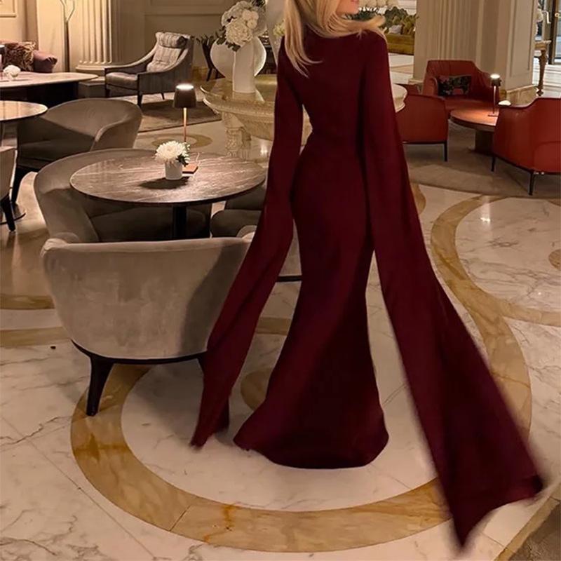 2026 Spring Women's Elegant Solid Color Slit Dresses - European & American Style