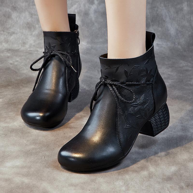 Shoes Women's Thick Heel Soft Sole Velvet Short Boots New Autumn and Winter Women's Shoes Retro First-layer Cowhide Cotton Shoes