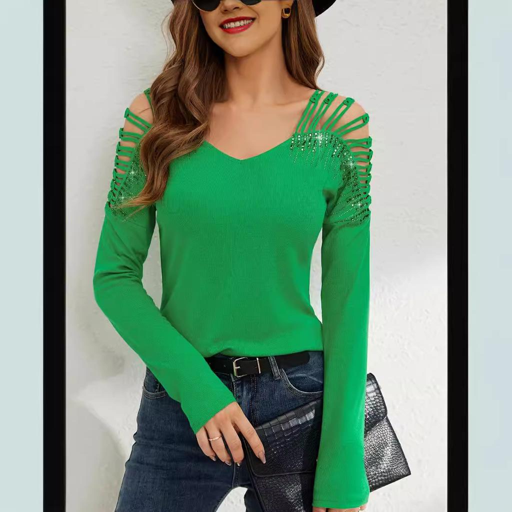 New Fashion Lace Stitching Heavy Industry Hot Diamond V Neck Floor Empty Long Sleeve T-shirt Women's Top