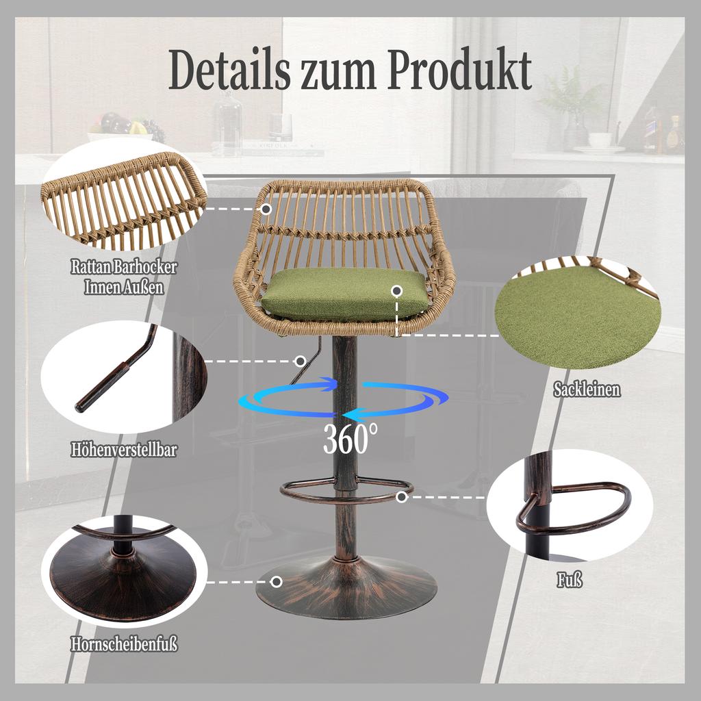 360-degree swivel, height-adjustable bar stools made of rattan, set of two modern bar stools, suitable for kitchens, dining rooms and bars. (Green)