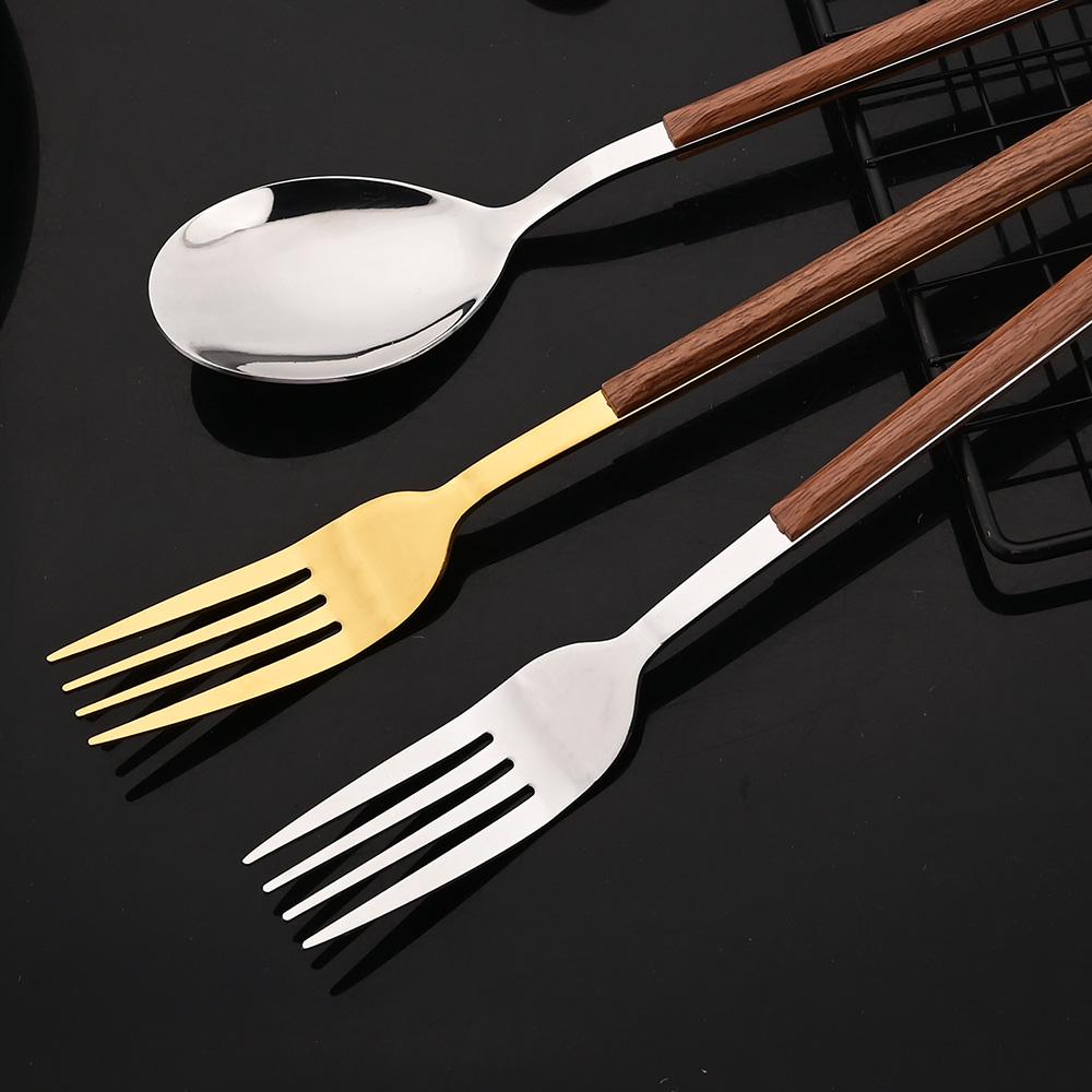18Pcs Brown Silver Flatware Cutlery Set Chopsticks Spoon Fork Set Imitation Wooden Handle Korean Dinnerware Luxury Tableware Set