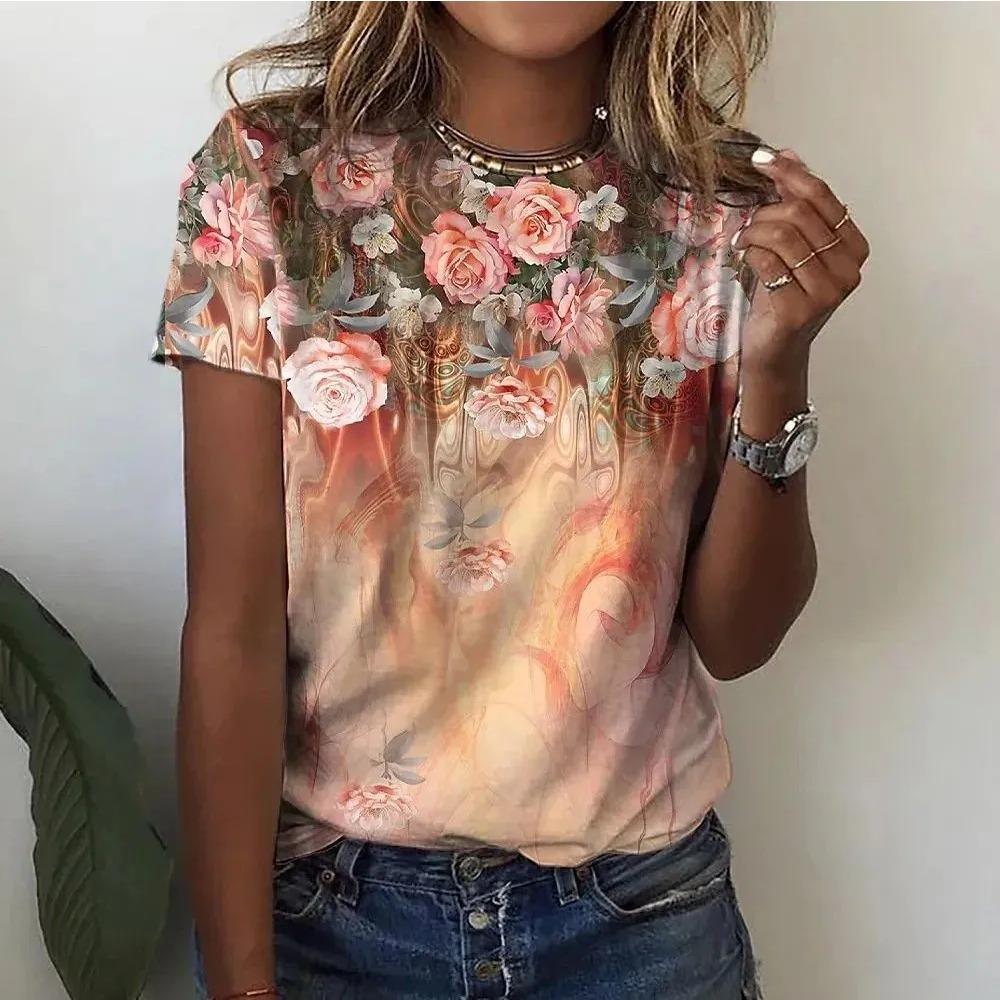 Summer Round Neck Flower Pattern 3D Print Top Fashionable Casual Short Sleeved Women's T-shirts