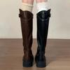 Women Knee High Boots Square High Heels 2025 Autumn Leather Thick Bottom Fashion Buckle Knight Long Botas Femininos
