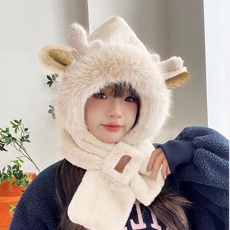 Women's Cozy Fox Ear Plush Hat with Integrated Scarf - Warm, Soft Lei Feng Design for Autumn and Winter. Perfect Ear Protection for Students.