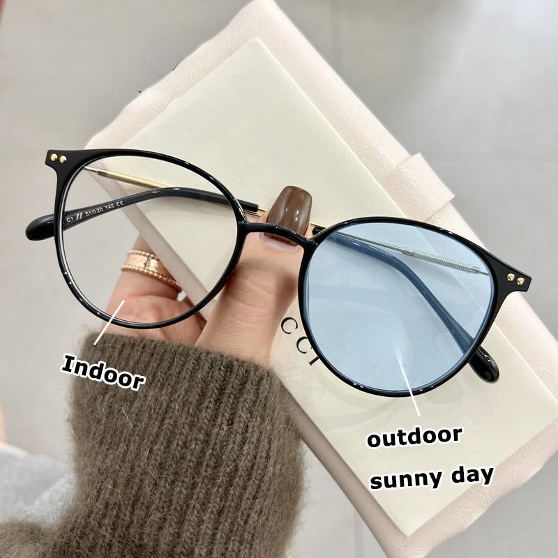 Photochromic Myopia Glasses Women Men Vintage Round Anti Blue Light Ultralight Optical Eyewear 0 To -600