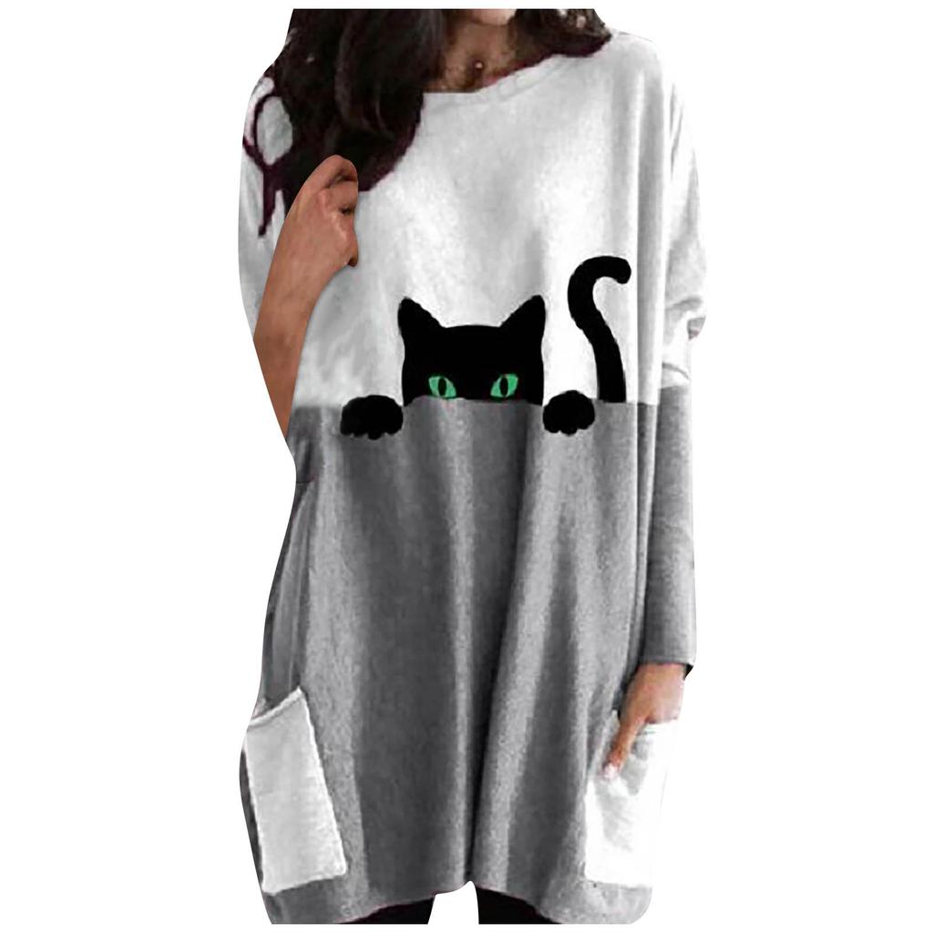 Women Plus Size Cat Printing Pullover Long Sleeve Sweatshirt Shirts Tops