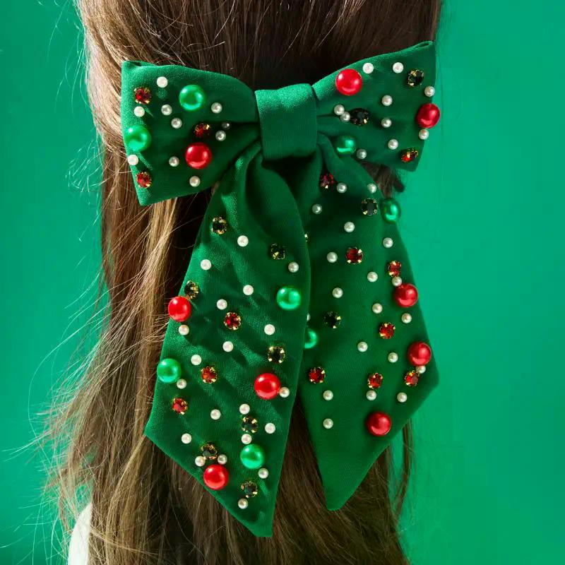 Single Item Fashionable Women's Rhinestone Pearl Party Spring Clip, Christmas Bow Hairpin Hair Essentials
