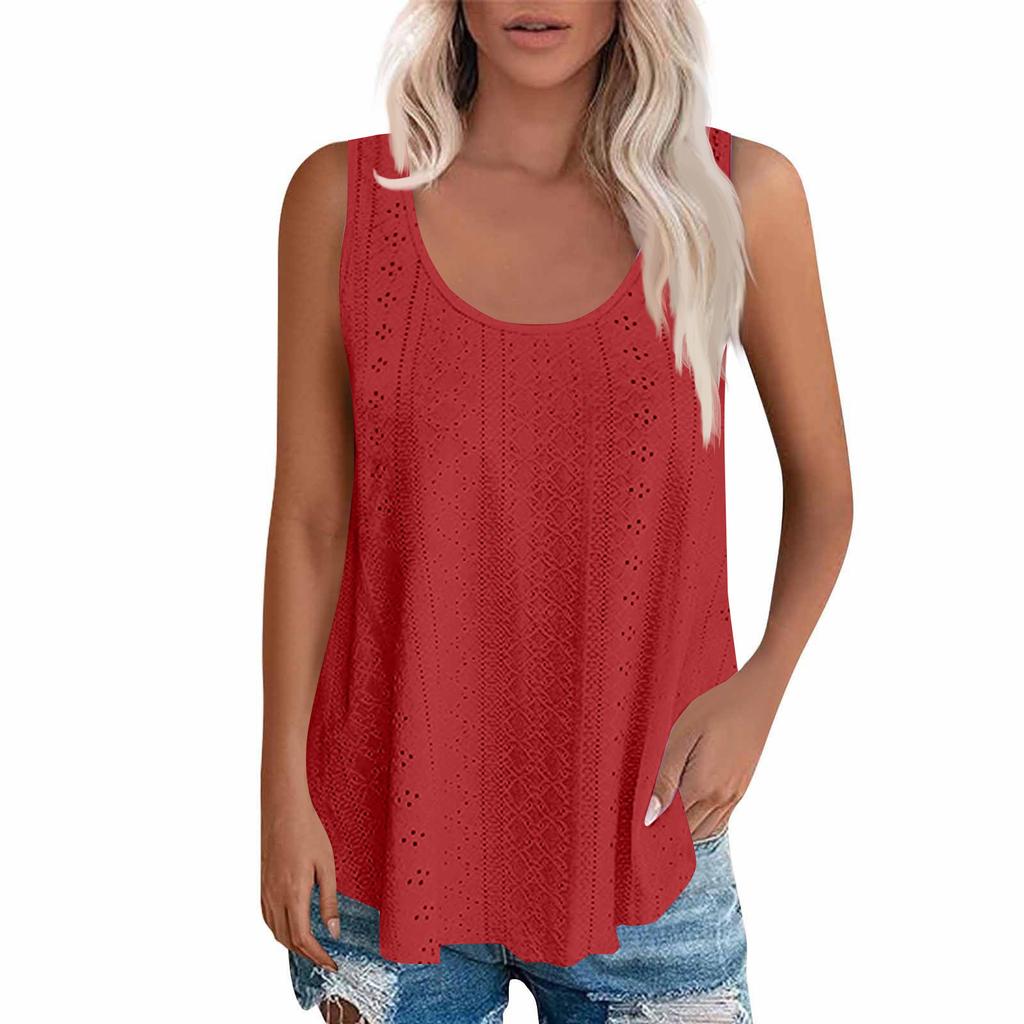 Sleeveless Eyelet Lace Tank Top for Women Casual Summer Scoop Neck Loose Fit Blouse Hollow Out Lightweight Shirt