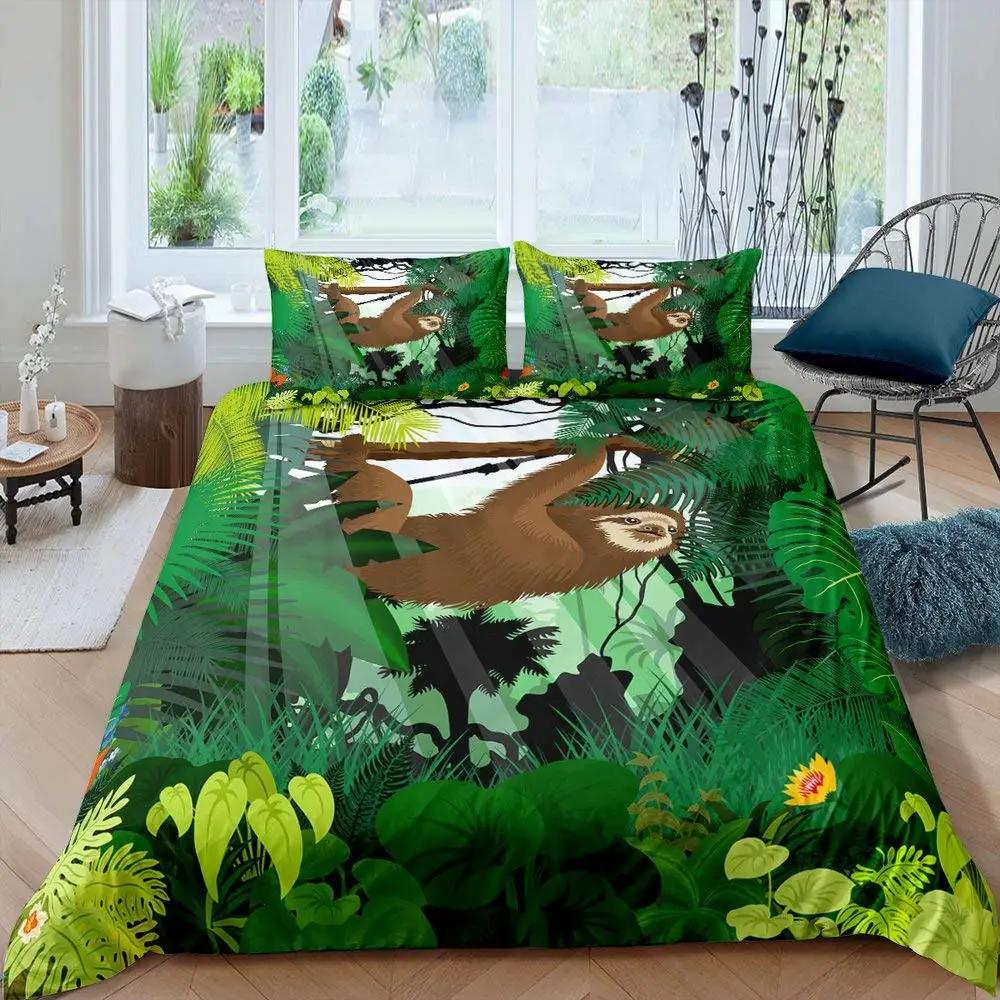 Cartoon Sloth King Queen Duvet Cover Kids Cute Animal Bedding Set Bathtub Decor Blue Comforter Cover Soft Polyester Quilt Cover