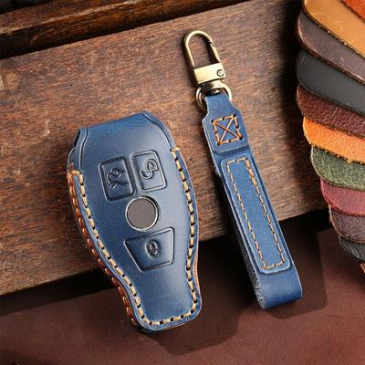 3 Buttons Remote Car Key Cover Fob Case Protector Keychain Fit for Mercedes Benz A B C E S R CL CLA AMG GL ML SLK Blue Leather