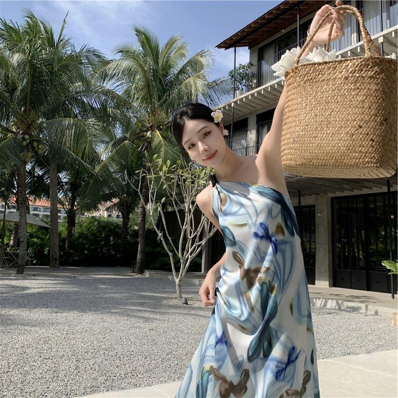 One-shoulder French design sense printing suspender dress women's summer new retro fashion foreign temperament long dress