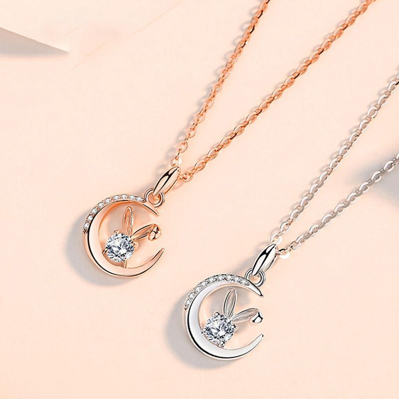 925 Sterling Silver Moon Jade Rabbit Necklace Women's New One-carat Mozzarella Rabbit Versatile Pendant Birthday Gift