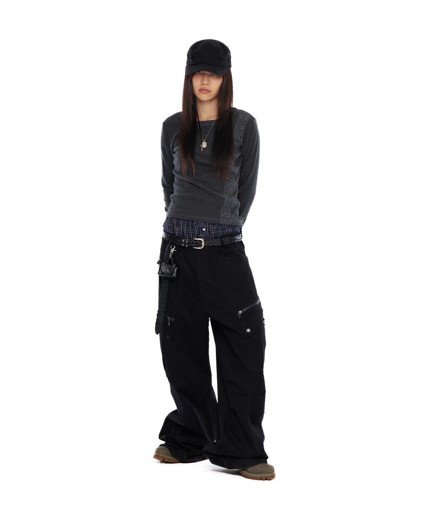 AAKAM Knee Pin-Tuck Zippered Cargo Pants (Black)
