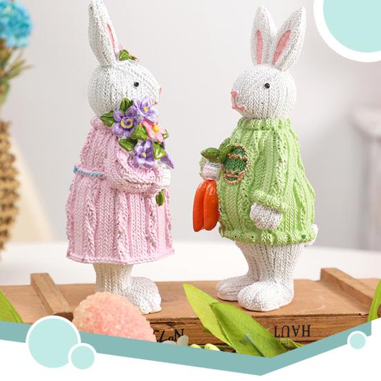 Easter Bunny Figurine Resin Rabbit Statue Holding Flowers/Carrots Spring Tabletop Ornament for Home Office