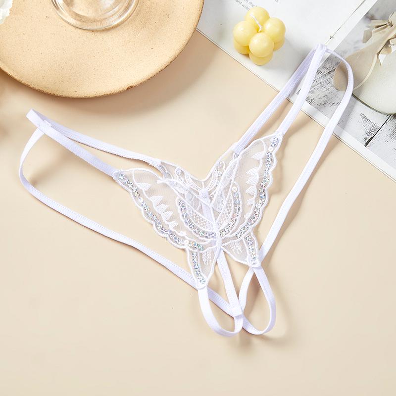 Women's Sequin Embroidered Butterfly Flower Open Crotch Thong - Transparent Hollow-Out Lingerie.