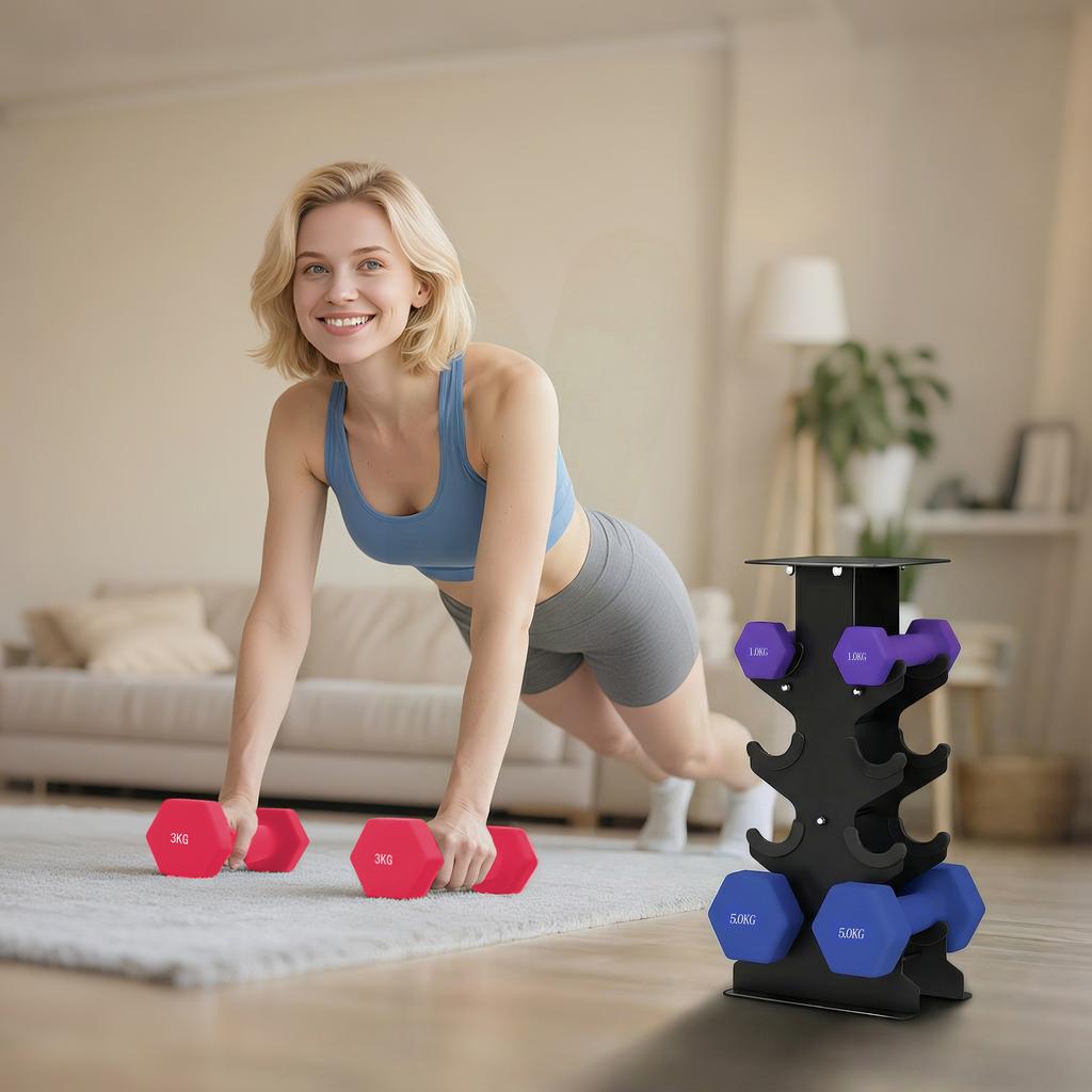 Hexagonal Dumbbells Set of 3, 2 X 1 Kg, 2 X 3 Kg, 2 X 5 Kg, Stand, Non-Slip Handles