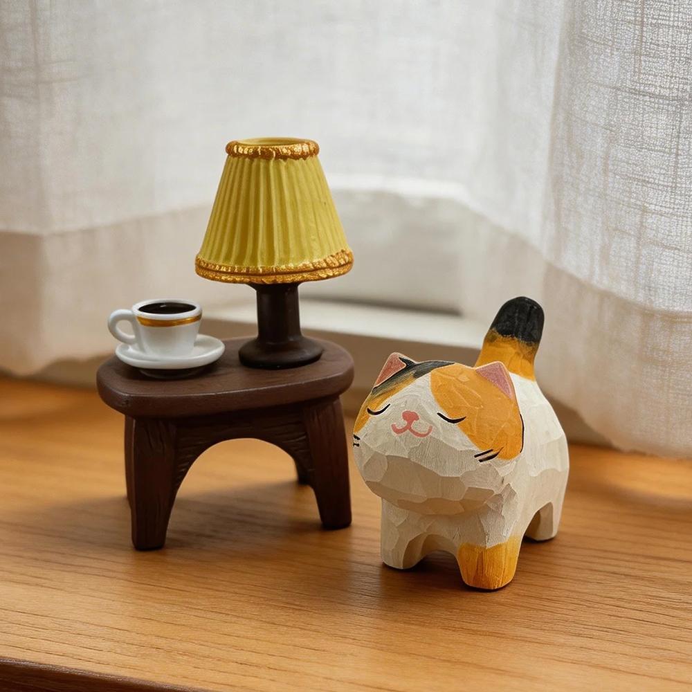 Cute Cat Animals Figurine Decorative Wooden Ornament Miniature Kitten Coffee Home Bedroom Office Desk Decoration Gift Statue