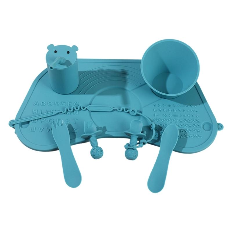 

Multi Functional Silicone Placemat Feeding Kit For Kids Integrated Suction Bowls Cups Utensils & Chewable Straws Gift синій