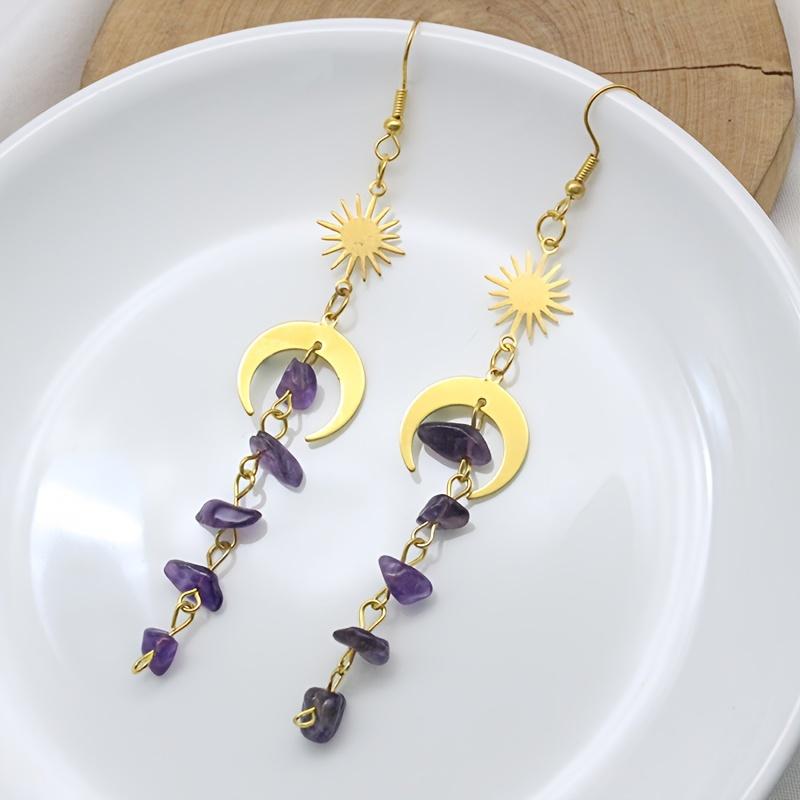 

Солнце и Луна, нерегулярные синтетические драгоценные камни, дизайн с кисточками, висячие серьги, элегантный стиль, ювелирные изделия из сплава, модный женский подарок фиолетовый