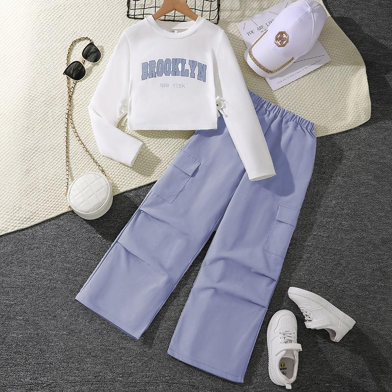 Mädchen Big Kids 2-teiliges Set Buchstabendruck Langarm-Sweatshirt mit Cargohose Amerikanischer Stil Lässiges Outfit für Frühling Herbst