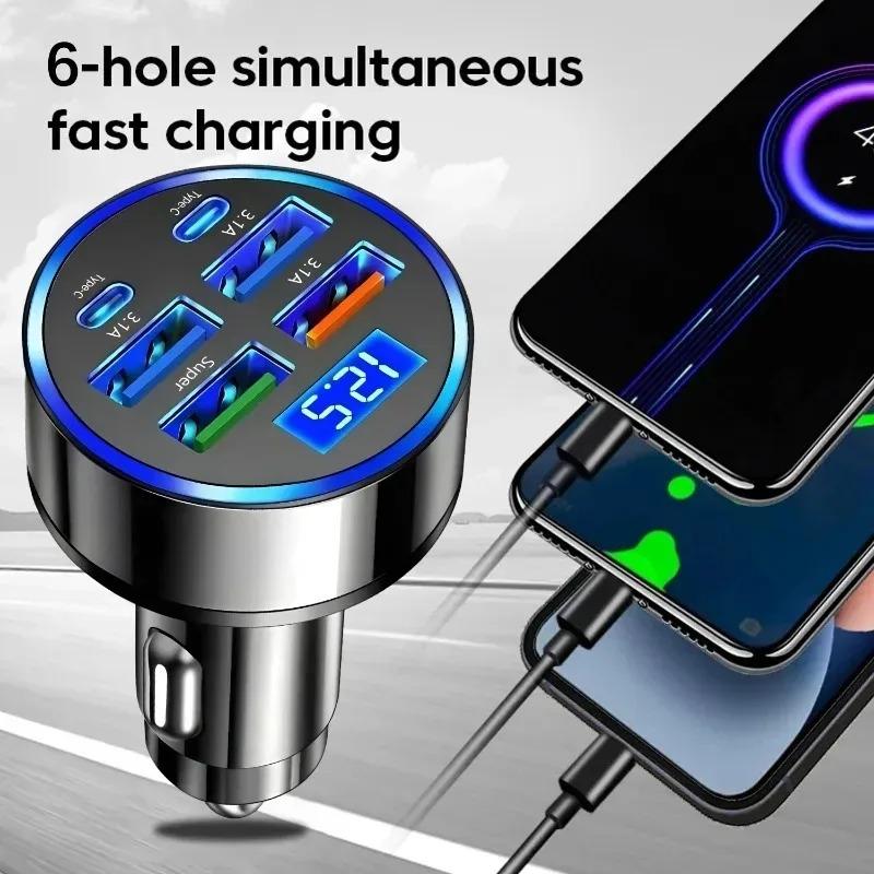 6 In 1 Car Charger Adapter Digital Display LED 4USB+2PD DC12-24V Fast Charging Cigarette Lighter Socket Multi Port for Phone