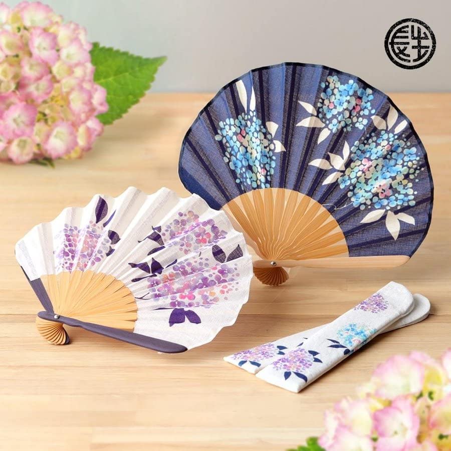 Folding Fan for Fan Fan Set with White [Osaka Choseido] Women, Stylish, Business, Bag, Holder, Handkerchief, Hydrangea,