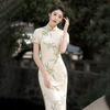 Summer Slimming Split Cheongsam Dress with Frog Buttons - Modern Printed Style
