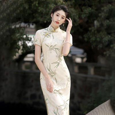 Summer Slimming Split Cheongsam Dress with Frog Buttons - Modern Printed Style