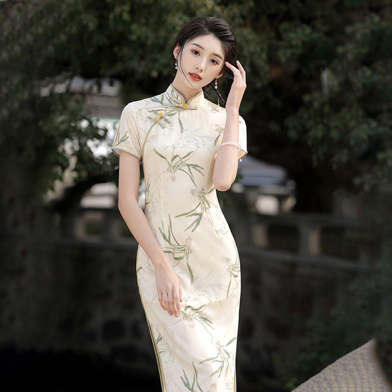 Summer Slimming Split Cheongsam Dress with Frog Buttons - Modern Printed Style