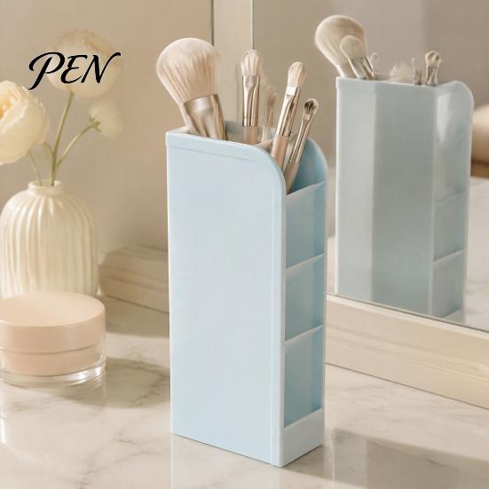 Multi Compartment Organizer Slanted Pen Holder with 5 Compartments, Plastic Stationery Storage Organizer, Box Macaron Colors Space Saving Pencil