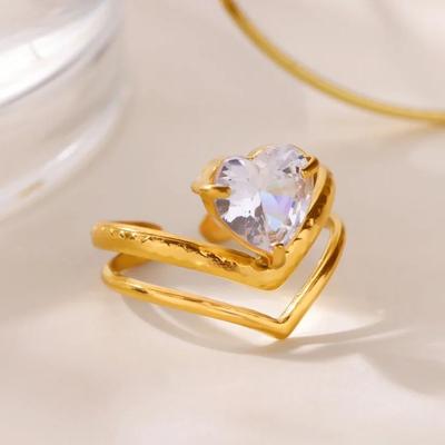 Stainless Steel Heart-Shaped Zircon Ring Rings For Women Gold Color Geometric Adjustable Ring Wedding Christmas Jewelry Gift