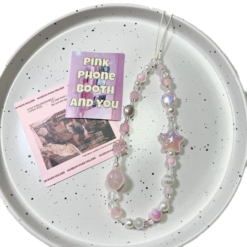 Cute 3D Pink Star Heart Beaded Phone Chain Charm Lanyard For iPhone Samsung Universal Anti-Loss Hanging Rope Jewelry