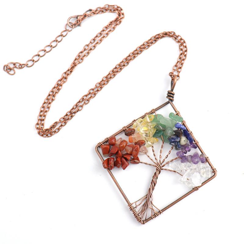 Hand-Wrapped Square Tree Of Life Necklace Natural Irregular Gravel Crystal Necklace N09