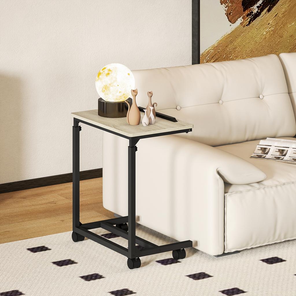 Side Table, Desk, Nightstand, Height-Adjustable, 4 Casters, Metal Frame