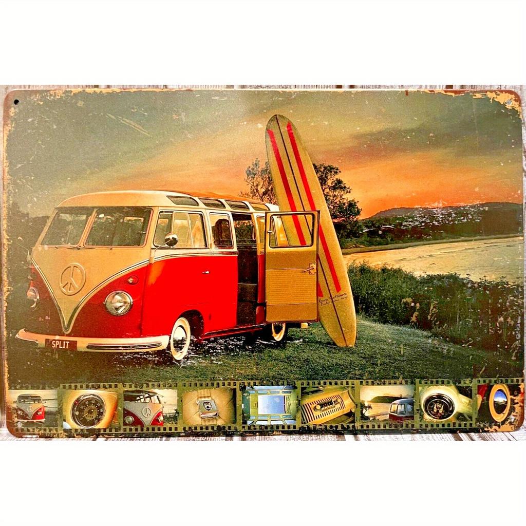 Vintage Van Surfboard Metal Sign Retro Wall Decor with Red Van Blue Skateboard Rustic Home Décor for Garage or Beach