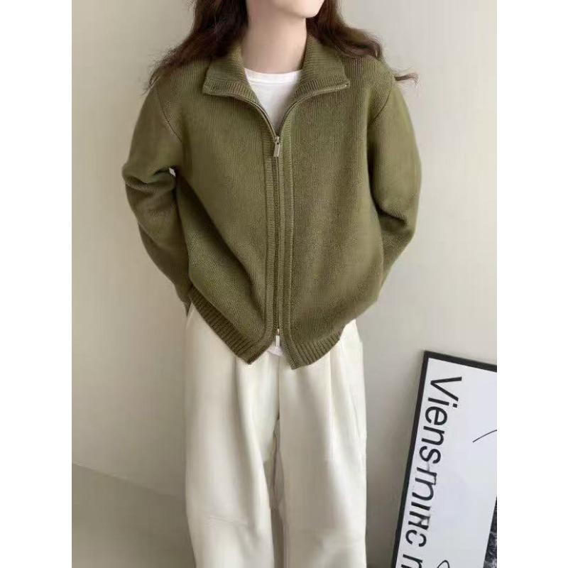 Autumn and winter new double zipper sweater jacket women's thick stand-up collar casual design short knitted cardigan women