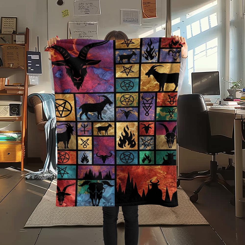 1Pc Goat Demon Print Flannel Blanket, High quality Comfortable for All Seasons, Home Decor, Warmth and Comfort, Perfect for Christmas Gifts W143