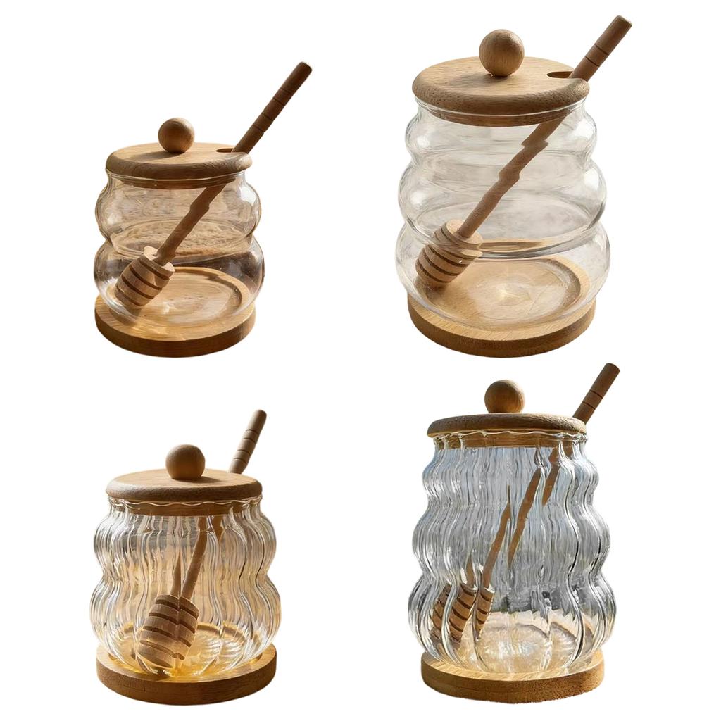 Shatterproof High Borosilicate Glass Storage Jar Clear Honeys Storage Container With Wooden Mixer and Lid For Kitchen