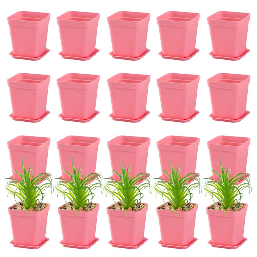 6/12pcs 7cm Pink Plastic Square Flower Plant Pots with Tray Nursery Pot for Succulent Office Desktop Gardening Balcony Decor