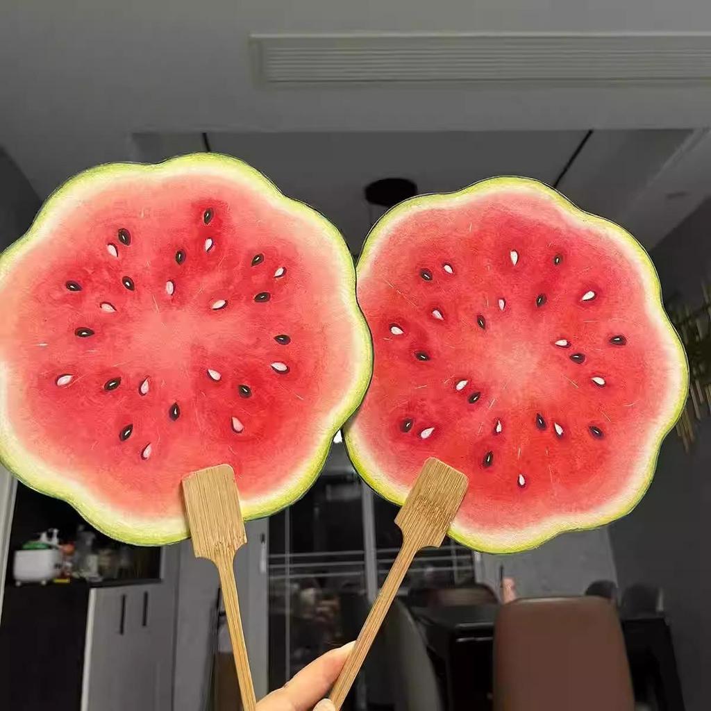 Summer Handmade Watermelon Round Fan - Hand-painted Xuan Paper Cooling Fan Gift for Bestie