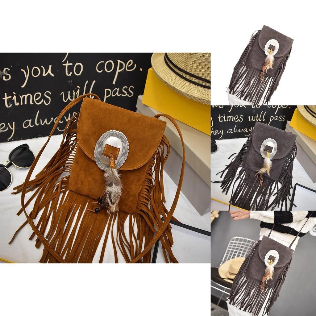 Bohemian Feather Tassel Shoulder Bag With Polyester Lining For Casual Outings