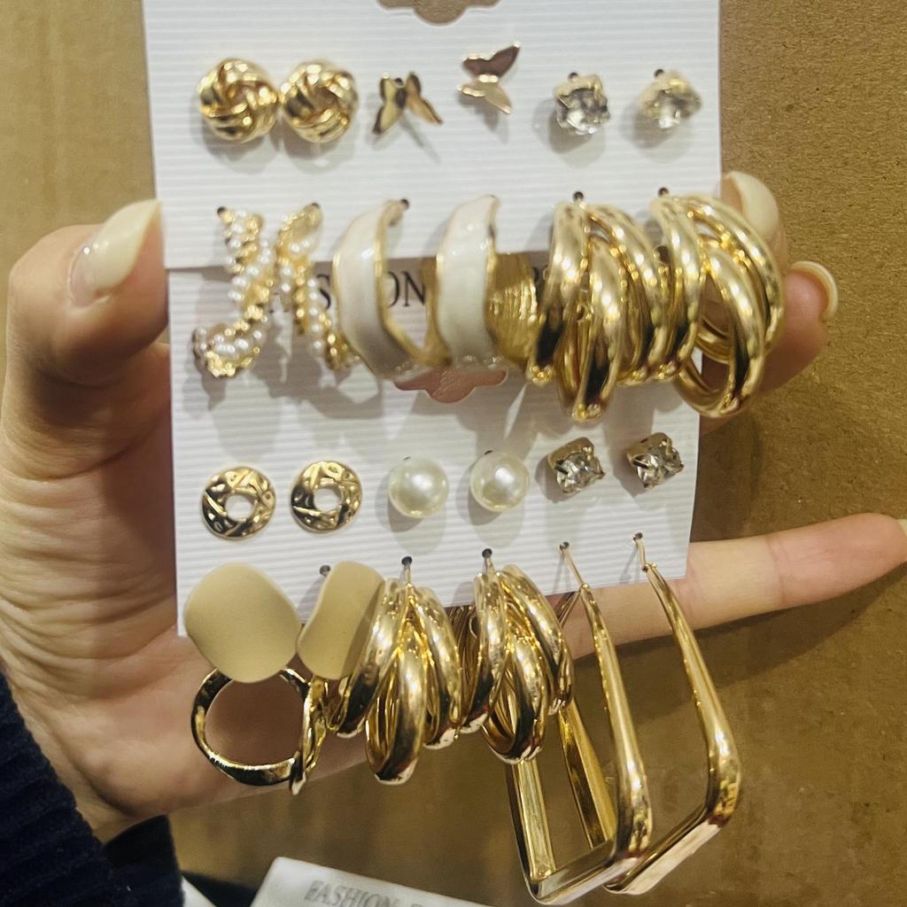 Retro Gold French Geometric Pearl Stud Earrings - 6 Piece Set