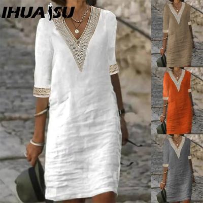 Women's Fashion Summer Spring Solid Color Print 2/1 Sleeve V-Neck Casual Dresses